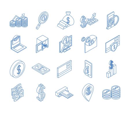 isometric money cash currency business coins banknotes isolated on white background vector illustration linear blue icons setのイラスト素材