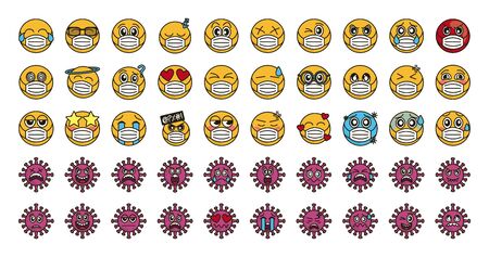 emoticon with medical mask coronavirus covid-19 pandemic, flat cartoon style vector illustration icons setのイラスト素材