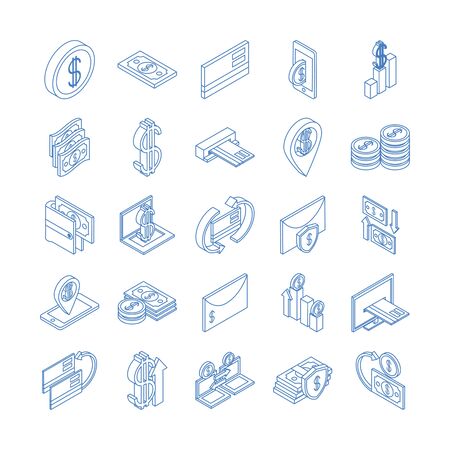 isometric money cash currency business coins banknotes isolated on white background vector illustration linear blue icons setのイラスト素材