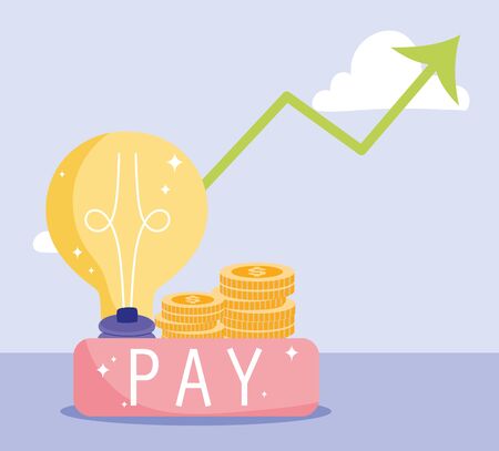 online payment, coins money growth arrow pay button, ecommerce market shopping, mobile app vector illustrationのイラスト素材