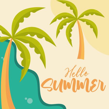 hello summer travel and vacation season, palm trees beach shore sea, lettering text vector illustrationのイラスト素材
