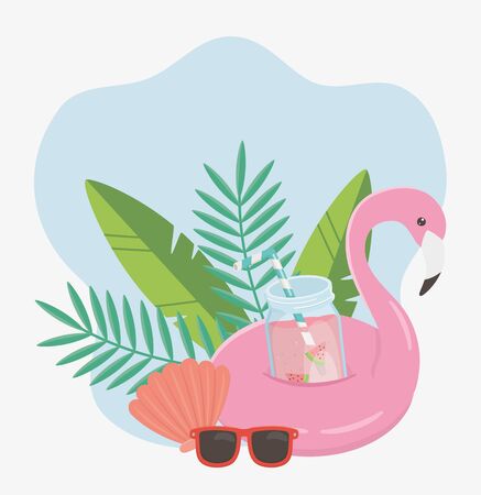 summer travel and vacation float flamingo sunglasses shell foliage tropical vector illustrationのイラスト素材