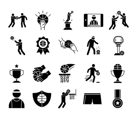 basketball game, recreation sport silhouette style icons set vector illustrationのイラスト素材