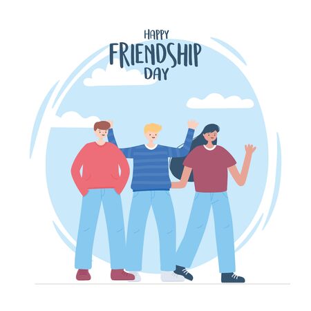 happy friendship day, men and woman cartoon character special event celebration vector illustrationのイラスト素材