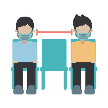 covid 19 coronavirus, social physical distancing sitting in a public chair, prevention outbreak disease pandemic vector illustration flat design iconのイラスト素材