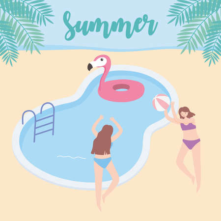 summer time girls with float and ball in pool vacation tourism vector illustrationのイラスト素材