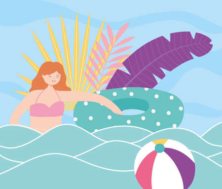summer time girl with float in sea with ball beach vacation tourism vector illustrationのイラスト素材