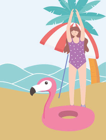 summer time vacation tourism woman with umbrella flamingo float in beach vector illustrationのイラスト素材