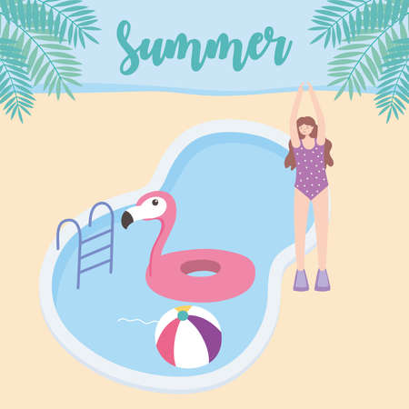 summer time girl with pool flamingo float and ball vacation tourism vector illustrationのイラスト素材