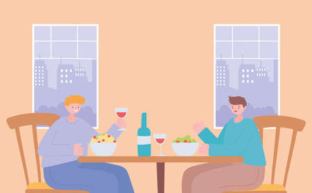 restaurant social distancing, men eating in table new normal life, covid 19 pandemic, prevention of coronavirus infection vector illustrationのイラスト素材