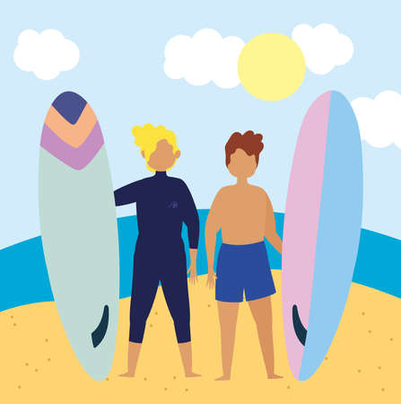 summer people activities, young men holding surfboard in the beach, seashore relaxing and performing leisure outdoor vector illustrationのイラスト素材