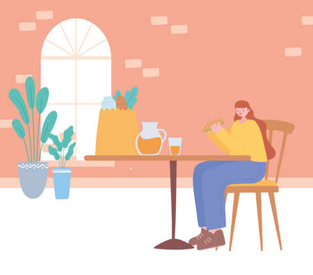 restaurant social distancing, woman eating alone in table, covid 19 pandemic, prevention of coronavirus infection vector illustrationのイラスト素材