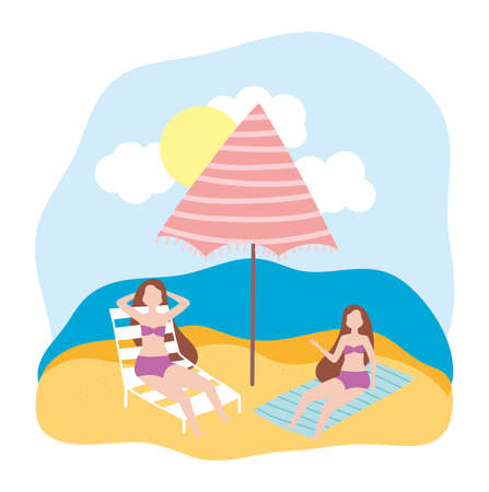 summer people activities, young women in deck chair and towel in the beach, seashore relaxing and performing leisure outdoor vector illustrationのイラスト素材
