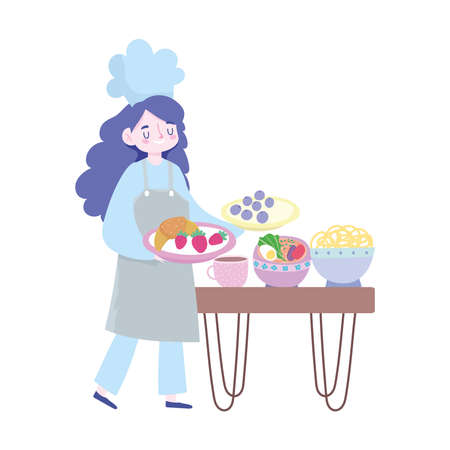 stay at home, female chef with different food cartoon, quarantine activities vector illustrationのイラスト素材