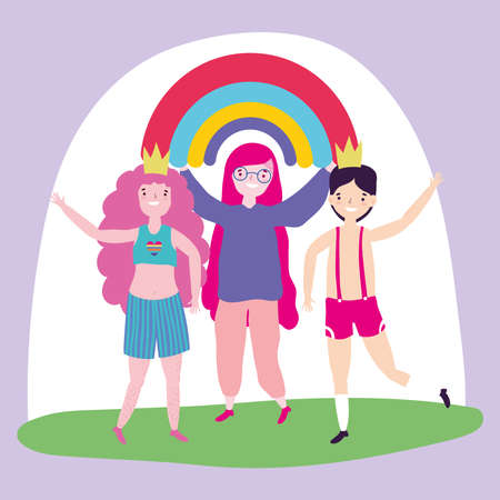 pride parade lgbt community, people celebration meeting with rainbow vector illustrationのイラスト素材