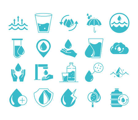 water drops nature liquid save environment, drink, blue silhouette style icons set vector illustrationのイラスト素材