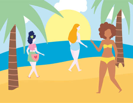summer people activities, girls walking in the beach, seashore relaxing and performing leisure outdoor vector illustrationのイラスト素材