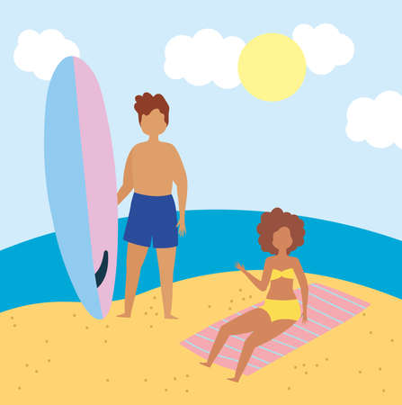 summer people activities, woman and man with surfboard in the beach, seashore relaxing and performing leisure outdoor illustrationのイラスト素材