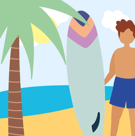 summer people activities, young man holding surfboard in the beach, seashore relaxing and performing leisure outdoor vector illustrationのイラスト素材