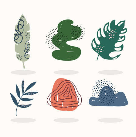 hand drawn contemporary, leaves spot color trendy print collage vector illustration