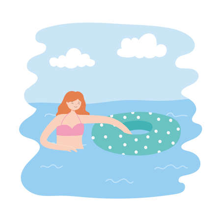 summer pool with woman with inflatable, playful time vector illustrationのイラスト素材
