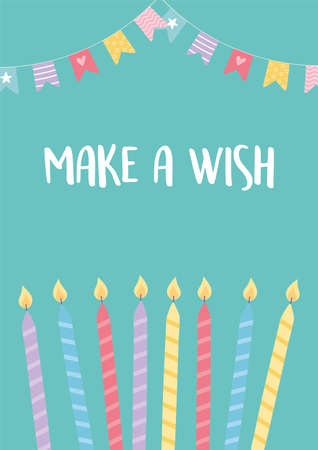 happy birthday, burning candles and decorative pennants celebration party card vector illustrationのイラスト素材