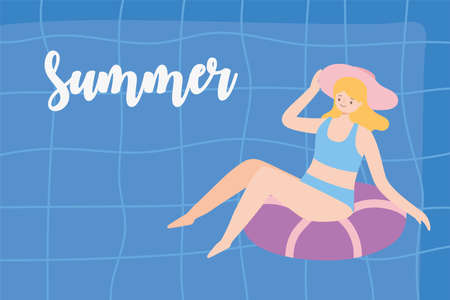 girl sunbath on ring in the swimming pool, summer vacations travel concept vector illustrationのイラスト素材