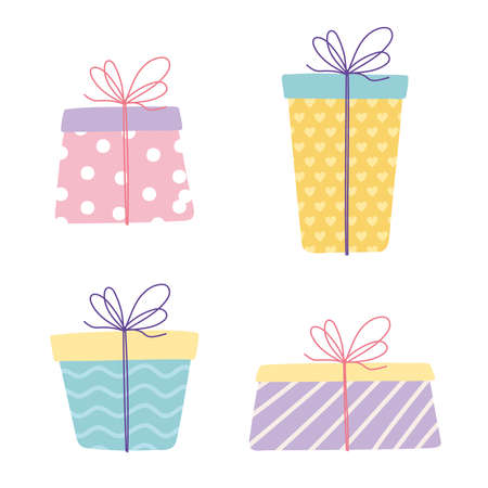 happy birthday, gift boxes wrapped surprise decoration celebration party festive icons set vector illustrationのイラスト素材