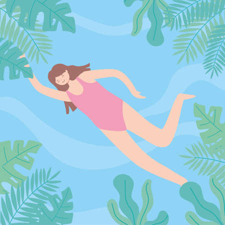 woman in bikini swimming in the pool, foliage leaves frame vector illustrationのイラスト素材