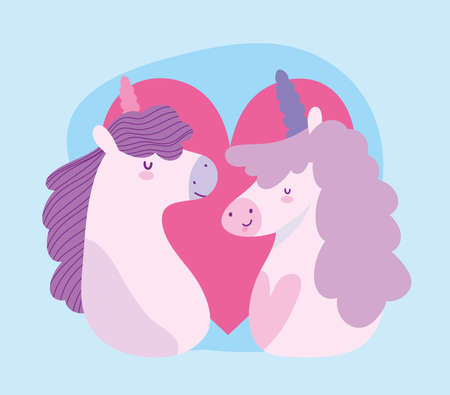little unicorns love heart fantasy magic animal cartoon vector illustrationのイラスト素材