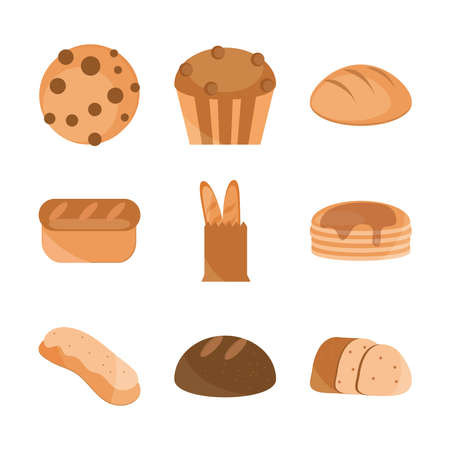 bread menu bakery food product vector illustration flat style icons setのイラスト素材