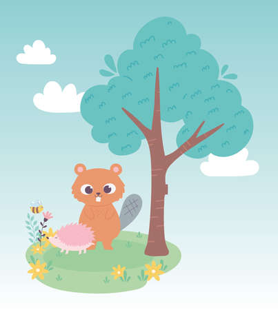 cute little beaver and hedgehog on grass with flowers and tree cartoon vector illustrationのイラスト素材