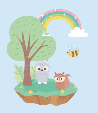 little squirrel owl and bee rainbow forest animals flowers tree cartoon vector illustrationのイラスト素材