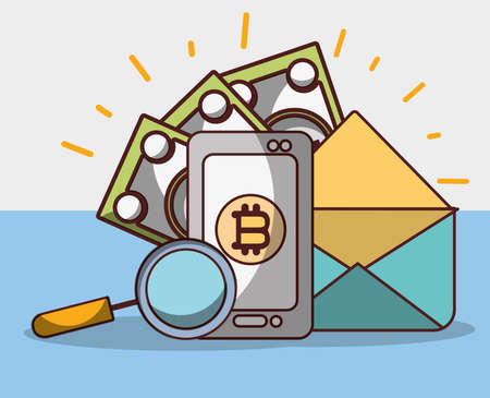 bitcoin smartphone email money banknote analysis cryptocurrency digital vector illustrationのイラスト素材