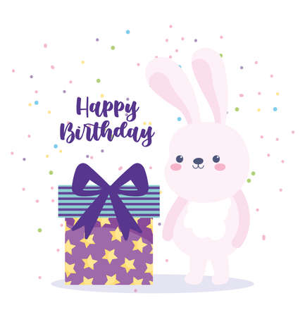 happy birthday, cute rabbit and gift box surprise cartoon celebration decoration card vector illustrationのイラスト素材