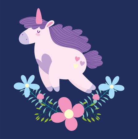 little unicorn flowers fantasy magic purple mane cartoon dark background vector illustrationのイラスト素材