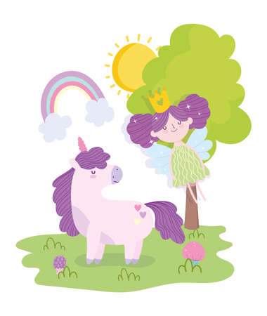 flying little fairy princess with magic unicorn tale cartoon vector illustrationのイラスト素材
