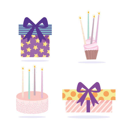 happy birthday, gift boxes cake cupcake and candles icons cartoon celebration decoration vector illustrationのイラスト素材