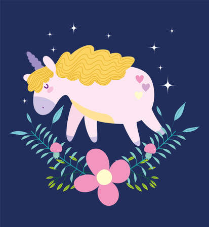 little unicorn flowers fantasy magic cartoon dark background vector illustrationのイラスト素材