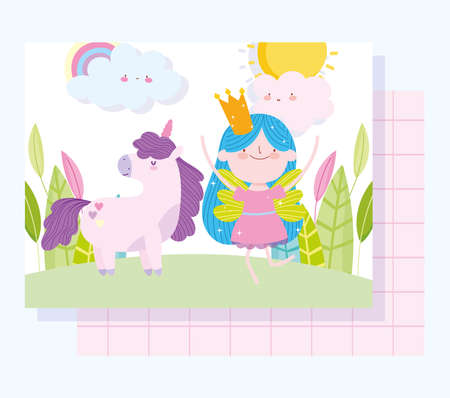 little fairy princess with adorable magic unicorn tale cartoon vector illustrationのイラスト素材