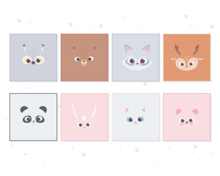 cute cartoon animals faces wild pet banner decoration vector illustrationのイラスト素材