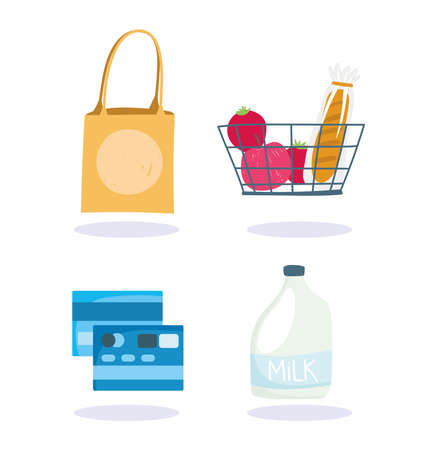 online market, basket bank card milk and bag, food delivery in grocery store vector illustrationのイラスト素材