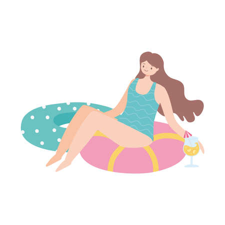 summer time happy woman with floats and cocktail vacation tourism vector illustrationのイラスト素材