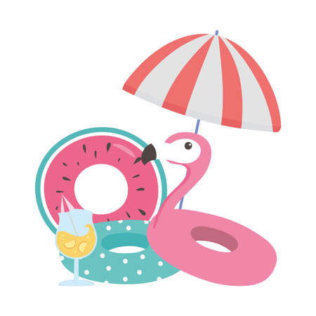 summer time vacation tourism flamingo bird cocktail umbrella and floats vector illustrationのイラスト素材