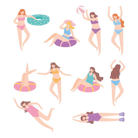 people dressed in swimwear relaxing and floating on inflatable with ball vector illustrationのイラスト素材
