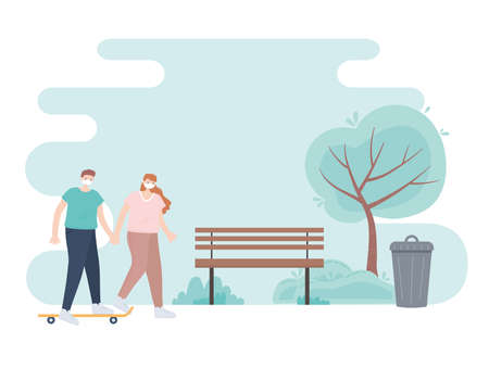 people with medical face mask, couple holding hands with skate in park, city activity during coronavirus vector illustrationのイラスト素材