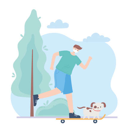 people with medical face mask, man riding skate with dog, city activity during coronavirus vector illustrationのイラスト素材