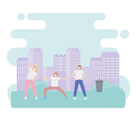 people with medical face mask, group women practicing exercises in park, city activity during coronavirus vector illustrationのイラスト素材