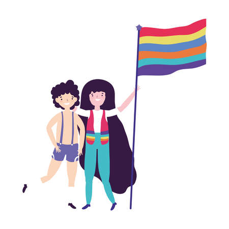 pride parade lgbt community, man and woman characters with rainbow flag vector illustrationのイラスト素材