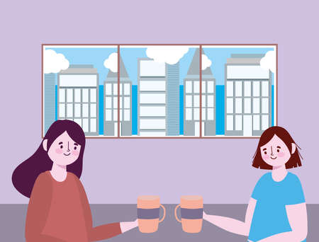 social distancing restaurant or a cafe, two young women with coffee cup, covid 19 coronavirus, new normal life vector illustrationのイラスト素材